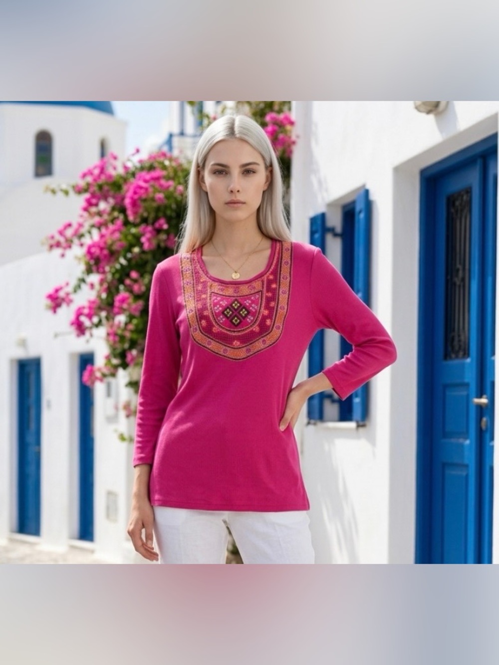 TORY BURCH Embroidered Shirt Top Blouse Pink Orange Brown Bid Front Tee Knit